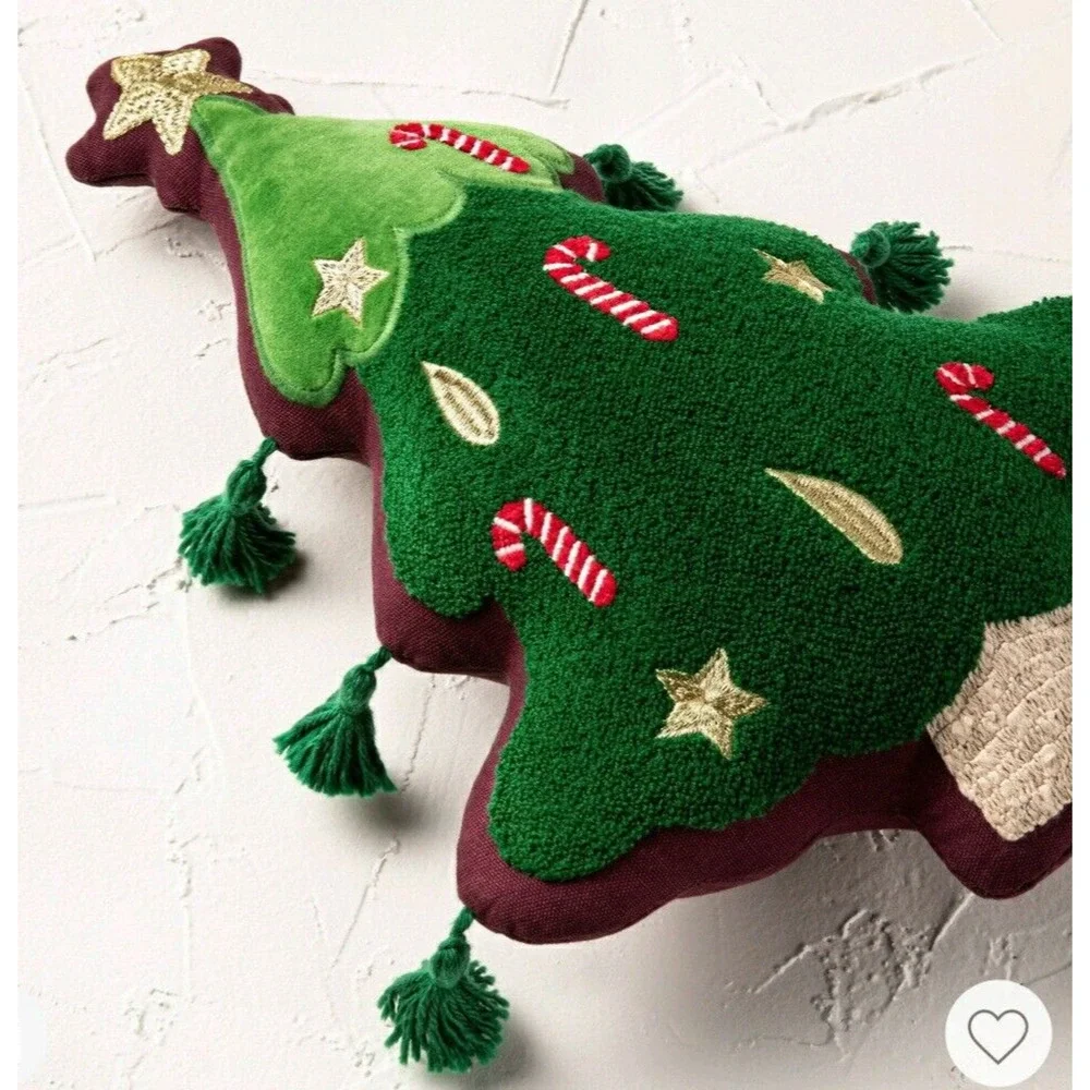 Jungalow Opalhouse Christmas Pillow Green Tree Embellished Tassels Holidays NEW